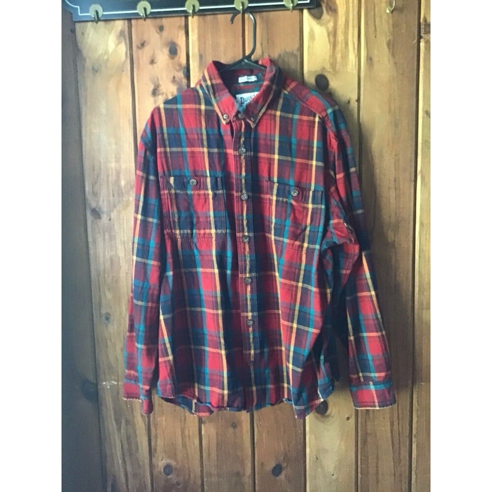 Duluth Trading Red Plaid Flannel Shirt Size L Button Down Collar Pockets